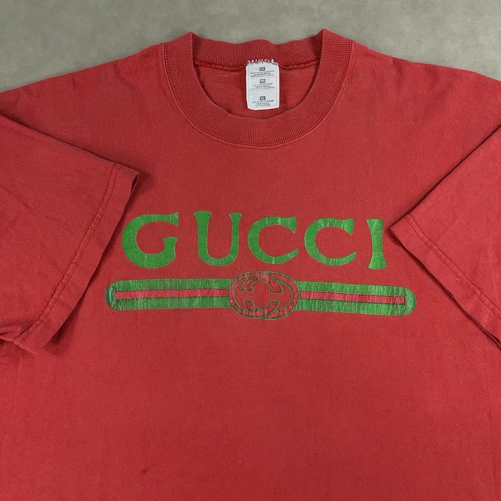 Vintage 90s Gucci Bootleg Print Spell Out Logo Red T-Shirt XL Made in USA Rare
